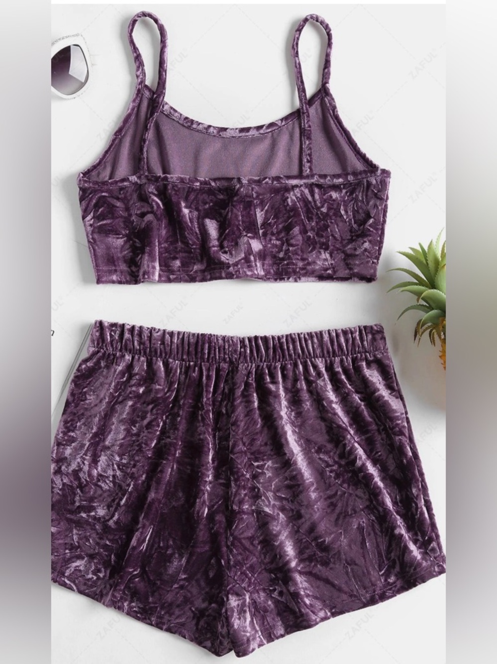 Crushed Velvet Mesh Bralette & Shorts Set - Plum shade